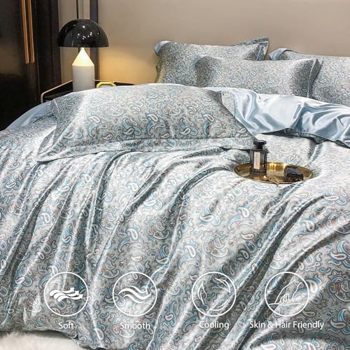 TodaFre Blue Duvet Cover Queen Size Set, 3 Pieces Lightweight Satin Bedding Set - 1 Cashew Printed Duvet Cover 90x90 Inches with Zipper Closure, 2 Pillowcases TodaFre
