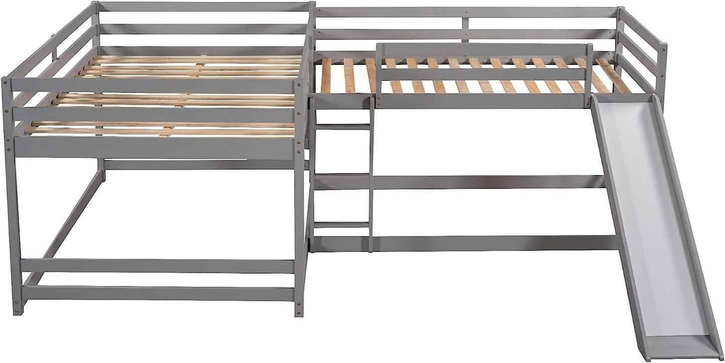 MERITLINE Quad Bunk Beds,Wood L-Shaped Bunk Beds with Slide and Ladder, 4 in1 Full and Twin Size Bunk Bed for Kids, Teens, Adults,Grey