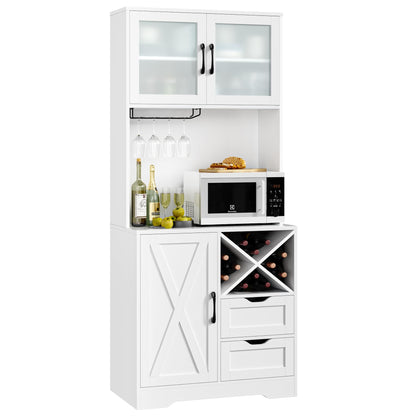 BOTLOG 71" Kitchen Hutch, Pantry Cabinet with Microwave Stand, Freestanding Buffet with Hutch, Adjustable Shelf, 3 Glass Doors, 2 Drawers, for Home, Dining Room, White - WoodArtSupply