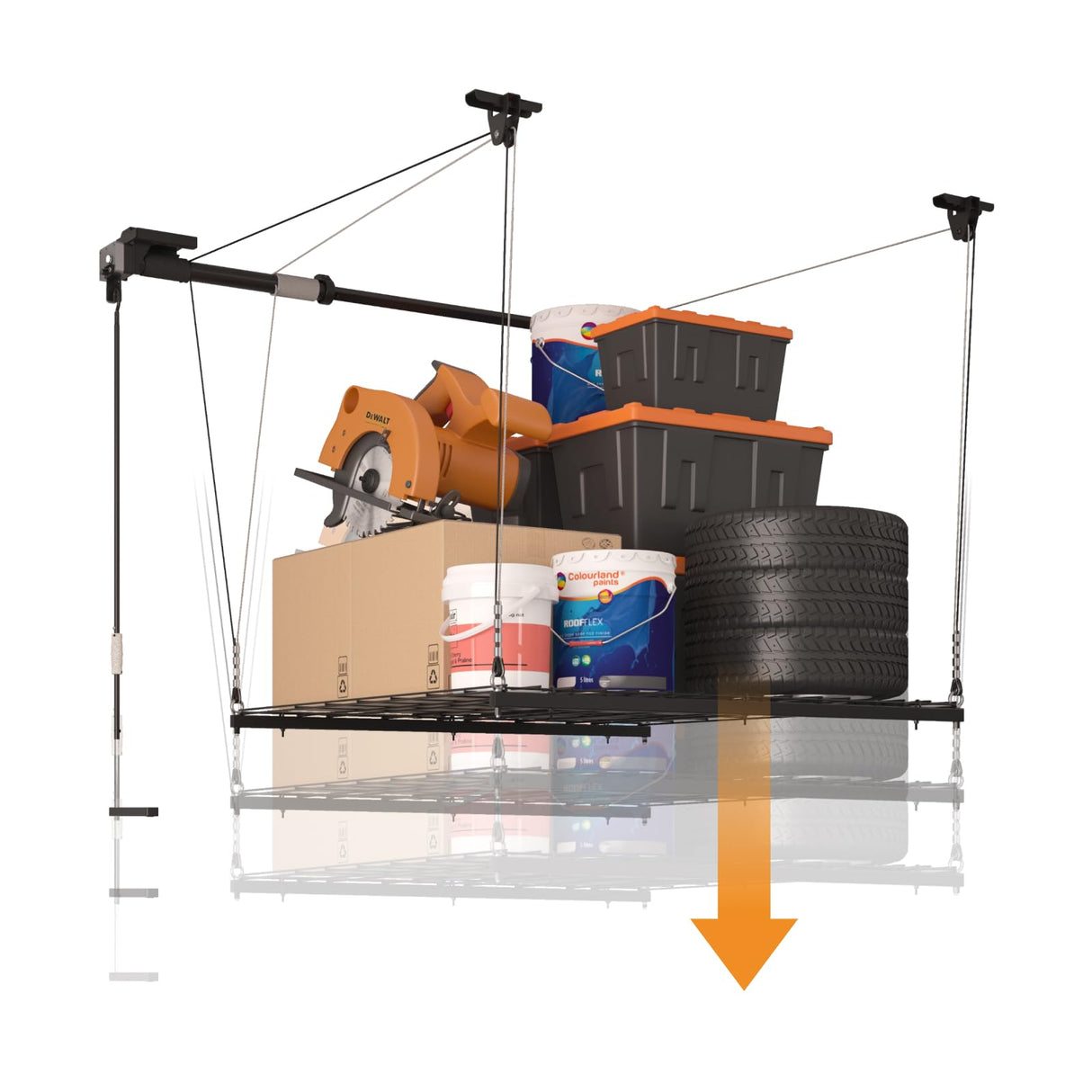 eShelf Adjustable Overhead Garage Storage Rack, 4x4ft Garage Ceiling Storage Lift, Heavy Duty Garage Storage Lift System With 300lbs Weight Capacity, Perfect for Kayaks, Ladders eShelf