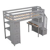 Bellemave Twin Loft Bed with Stairs, Desk, and Storage Drawers - Modern Gray Wood Frame for Kids and Teens Bellemave