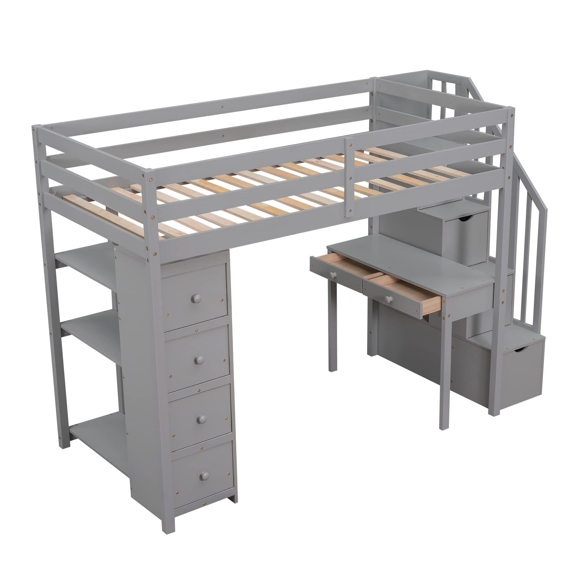 Bellemave Twin Loft Bed with Stairs, Desk, and Storage Drawers - Modern Gray Wood Frame for Kids and Teens - WoodArtSupply