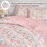 Joyreap 3 Pieces Cotton Quilt Set for Girls, Full/Queen Size Floral Pink Flowers Design, Cozy Lightweight Quilt Bedspread Bed Cover for All Season, 1 Quilt and 2 Pillow Shams- 90x90 inches Joyreap