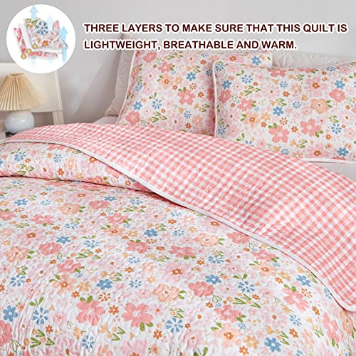 Joyreap 2 Pieces Cotton Quilt Set for Girls, Twin Size Floral Pink Flowers Design, Cozy Lightweight Quilt Bedspread Bed Cover for All Season, 1 Quilt and 1 Pillow Sham- 68x86 inches Joyreap
