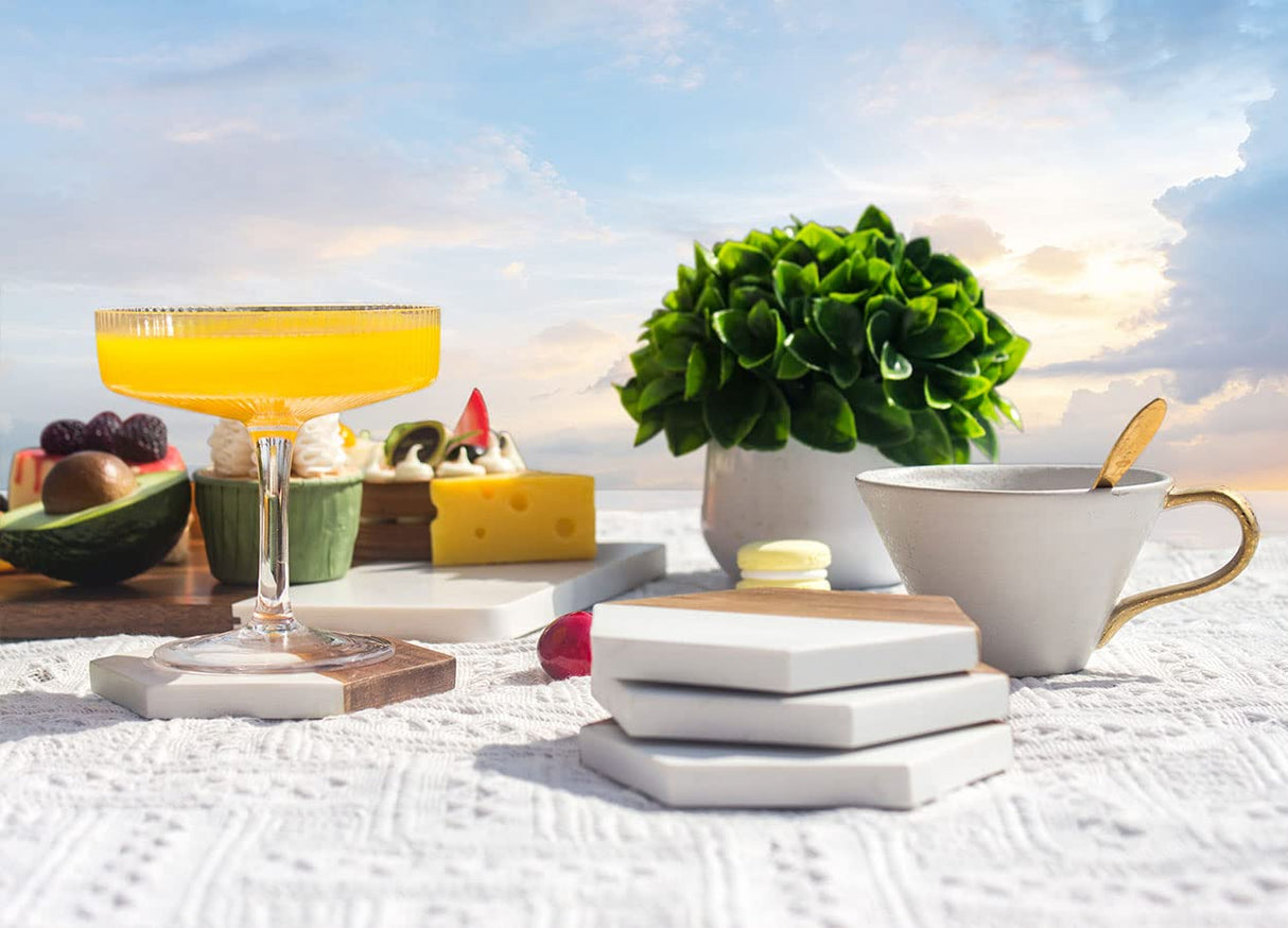 Wood Marble Coasters for Drinks, Modern Rustic Acacia Hexagon Coasters Set Decorative Coasters Bar Coasters for Living Room Coffee Wooden Table Beer Mug Christmas Housewarming Wedding Home Decor 4Pcs WLWNWFT