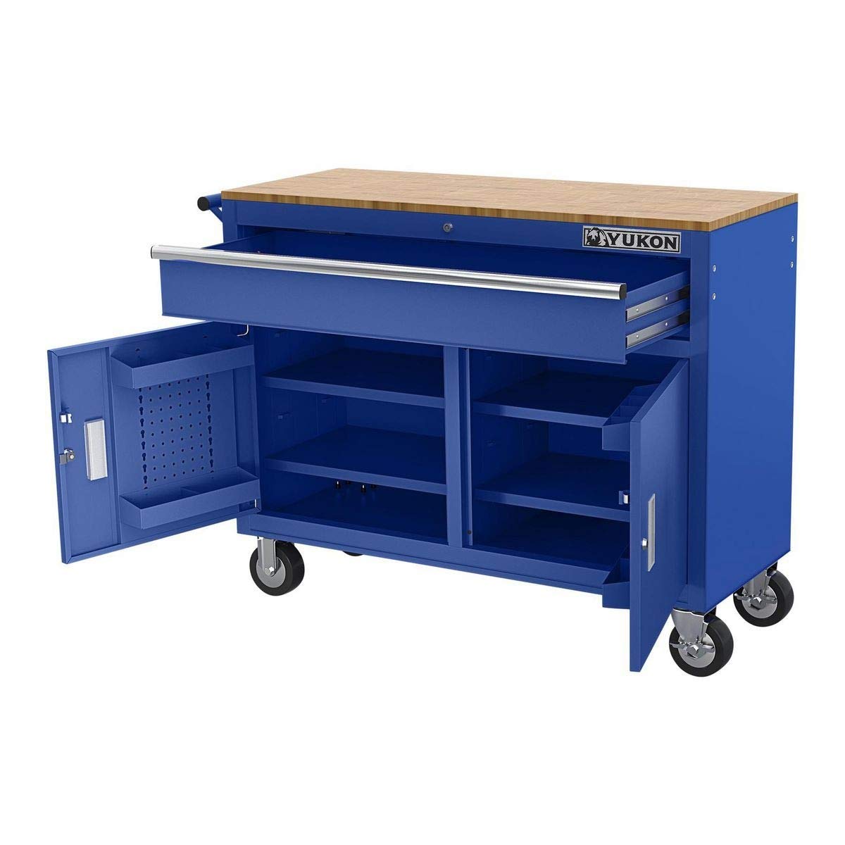 HFT YUKON Yukon 46 inches Mobile Workbench With Solid Wood Top, Blue - WoodArtSupply