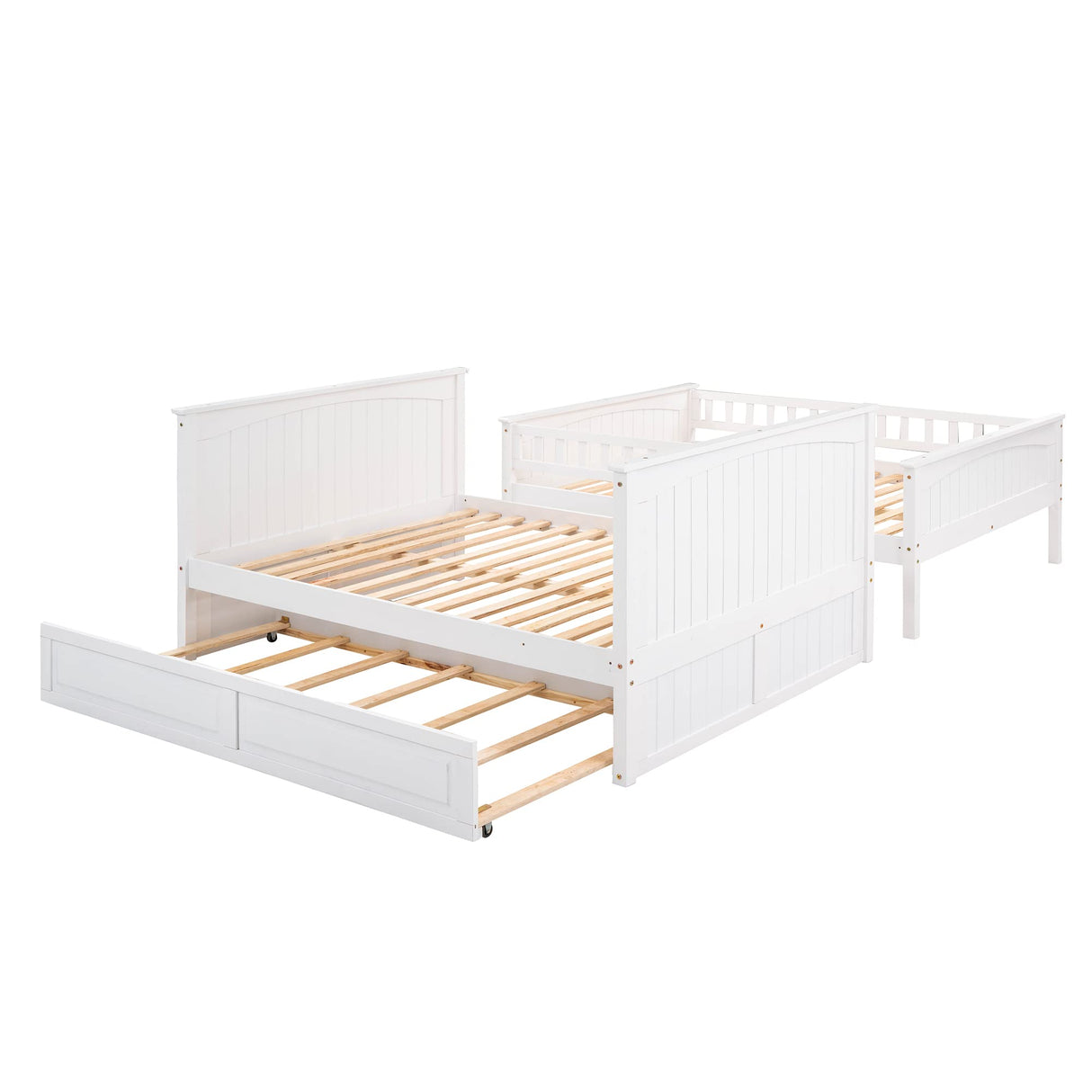Ball & Cast Full Over Full Bunk Bed with Twin-Size Trundle,Pine Wood Bunkbed w/Stairway and Full-Length Guardrails,Into 2 Individual Beds,Slat Support,Bedframe Furniture for Student Dorms,White Ball & Cast