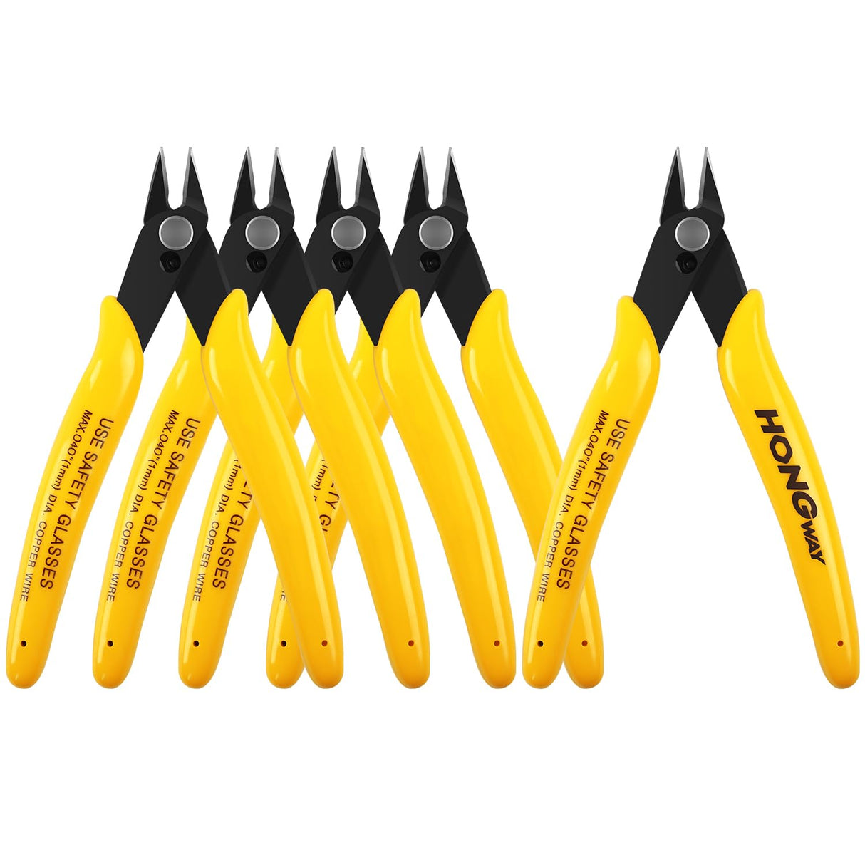 HongWay 5pcs Micro Flush Cutters, Wire Cutter with Internal Spring, Diagonal Cutters for Electronics, Heating Wire, Model Sprue, Soft Copper Wire Snips, 5 inches, Yellow HongWay