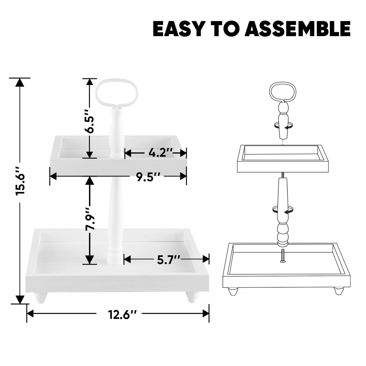 Rustic Wooden 2 Tiered Tray with Bead Garland, SYNCVIBE Square Farmhouse Style Decorative Trays Stand, Wood Serving Tray for Coffee Food Fruits Cupcakes, Home Decor Holiday Housewarming Gifts SYNCVIBE