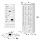 WOODTIME 70" H Display Storage Cabinet with Tempered Glass Doors & 4-Tier Shelf, Wooden Curio Cabinet Bookcase Bookshelf with 2 Drawers for Home Office Living Room Store, White WOODTIME