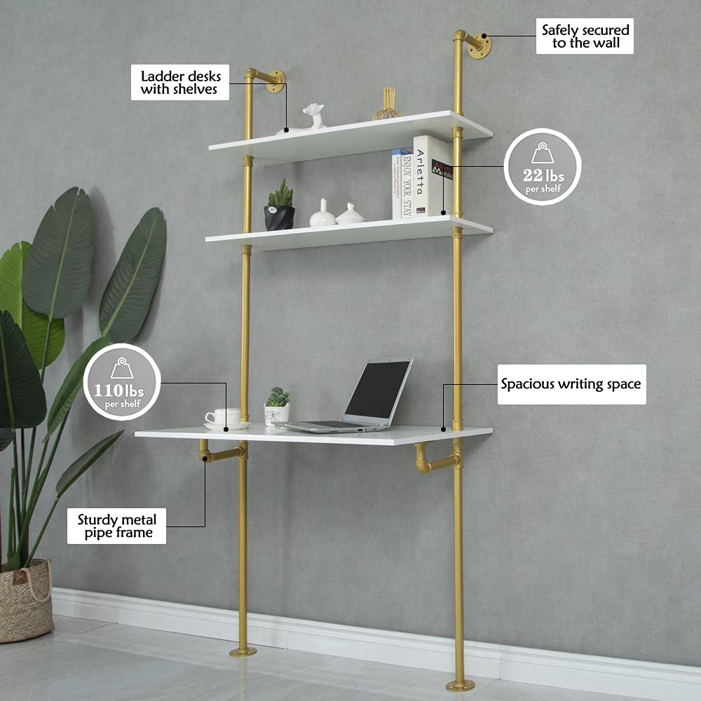 MAIKAILUN White and Gold Desk, 36" Ladder Desk, Wall Mount Computer Writing Table Pipe Shelf Shelving Mini Narrow Industrial Modern for Small Spaces(36x20x81) - WoodArtSupply