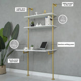 MAIKAILUN White and Gold Desk, 36" Ladder Desk, Wall Mount Computer Writing Table Pipe Shelf Shelving Mini Narrow Industrial Modern for Small Spaces(36x20x81) MAIKAILUN
