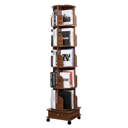 360-Degree Rotating Wooden Bookshelf Tower with Wheels and Storage Drawers - WoodArtSupply