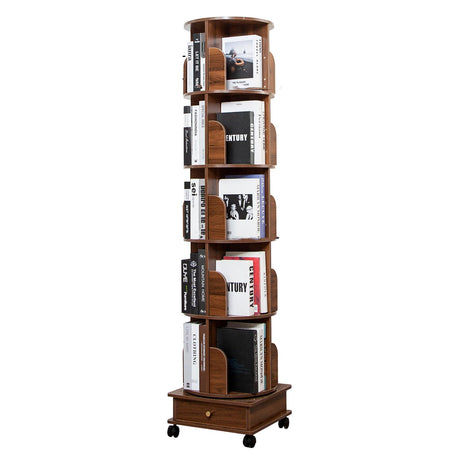 360-Degree Rotating Wooden Bookshelf Tower with Wheels and Storage Drawers DGYLHBJ