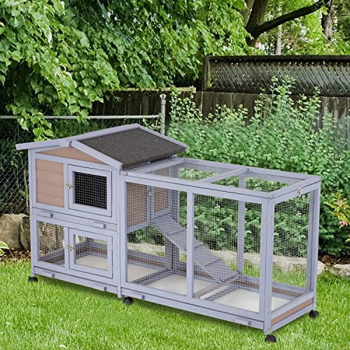 Wood Rabbit Hutch Rabbit Cage Bunny Hutch Rolling Large Bunny Cage Indoor Outdoor Two Story Guinea Pig Hutch Rabbit House with Wheels&Waterproof Roof,Grey BestPet
