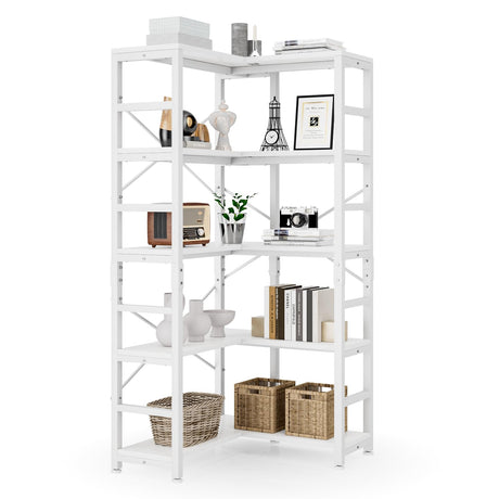 NUMENN 5 Tier Corner Bookshelf, Modern Corner Bookcase, Large Open Shelf Bookcase, Tall Bookshelves Storage Display Rack for Bedroom, Living Room and Home Office, White NUMENN