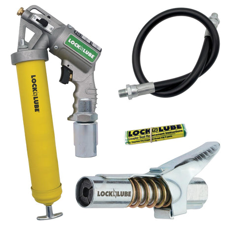 LockNLube 2-in-1 Pneumatic Grease Gun with Single Shot & Continuous Modes. Single-Shot and Continuous delivery Modes in one Grease Gun! Easily Switch delivery Mode with The Sliding Selection Lever. LockNLube
