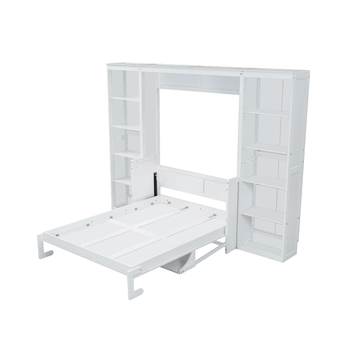 VYNELITO Queen Size Murphy Bed Frame with Bookshelves, Folding Wall Bed, Wooden Hidden Bed Frame for Bedroom Small Spaces Studio Study Office Guest Room-White VYNELITO