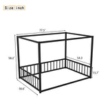 Full Size Canopy Floor Bed with 4 Posters and Guardrails, Full Size Montessori Floor Bed with High Fence, Anti Bump Design, Easy Assemble Montessori Beds, Heavy Duty Canopy Beds Black Bellemave