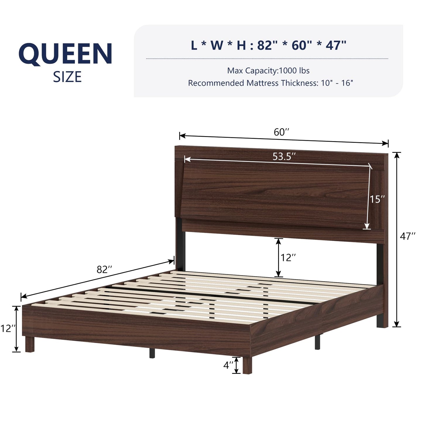 LUXOAK Mid-Century Queen Bed Frame with Floating LED Headboard in Cherry Wood - WoodArtSupply