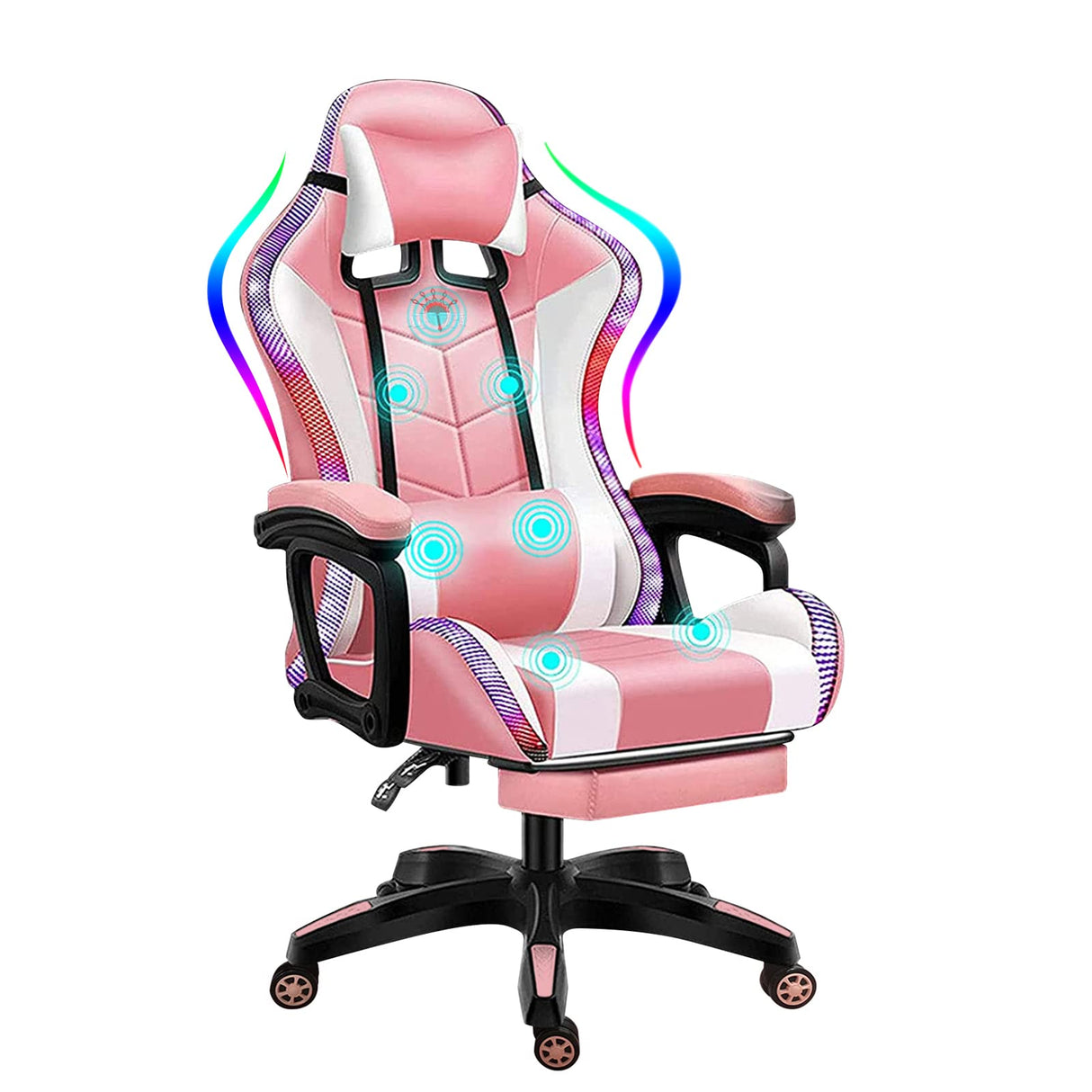 WZDHYYWS Gaming Chair with LED RGB Lights with Massage and Footrest Ergonomic Computer Chair High Back Video Game Chair with Adjustable Lumbar Support Linkage Armrest,Pink WZDHYYWS