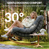 FLEXISPOT Oversized Outdoor Rocking Chair with Thick Cushioned Seat & Bonus Pillow, Modern Patio Papasan Rocker Lounge Chair with Metal Frame Wood Base Accent Chair for Porch Balcony Living Room Grey