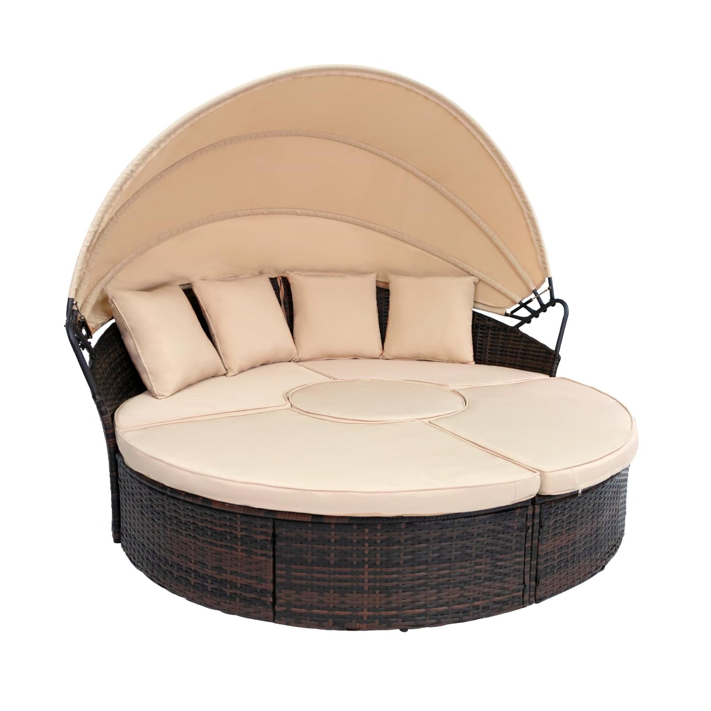 SUNCROWN Outdoor Patio Round Daybed with Retractable Canopy, Brown Wicker Furniture Sectional Couch with Washable Cushions, Backyard, Porch - WoodArtSupply