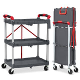 Folding Utility Service Cart - 3-Tier Collapsible Portable Folding Service Cart with Lockable Wheels 165 Lbs Load Capacity Rolling Utility Cart for Tool Grocery Bar Kitchen Office DrawVibe