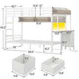 VIAGDO Bunk Bed Twin Over Twin with Charging Station and LED Lights, Heavy Duty Metal Bunk Bed with Desk and 3 Storage Drawers, Utility Storage Shelf and Boxes, No Box Spring Needed, White VIAGDO