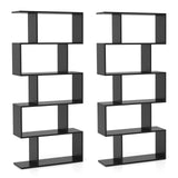 Giantex 5-Tier Geometric Bookshelf Set of 2 Black, 62.5" Tall Wood S-Shaped Bookcase with Anti-Tipping Device, Floor Standing Display Shelf for Bedroom, Living Room, Study Giantex