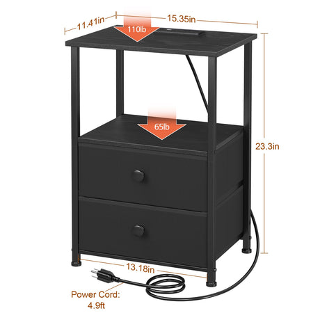 LOAKEKEL Night Stand Set 2, LED Nightstand with Charging Station, End Tables with Storage Shelf, Bedside Table with 2 Fabric Drawers for Bedroom, Small Spaces, Black, HETS02BK LOAKEKEL
