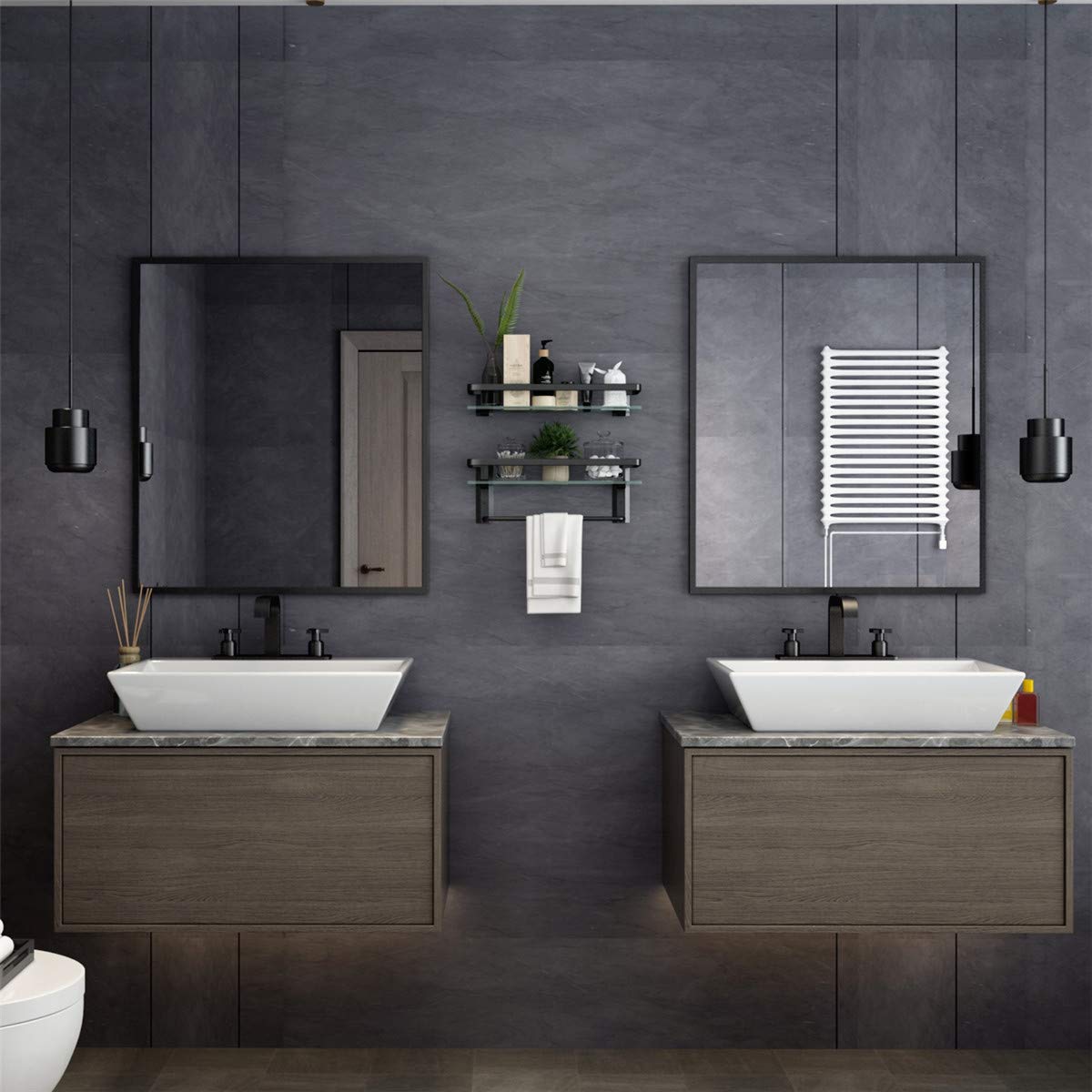 VOLPONE Glass Bathroom Shelf with Towel Bar 15.7in Bathroom Wall Shelves Rustproof Metal Bathroom Wall Organizer 2-Tier (Black) VOLPONE