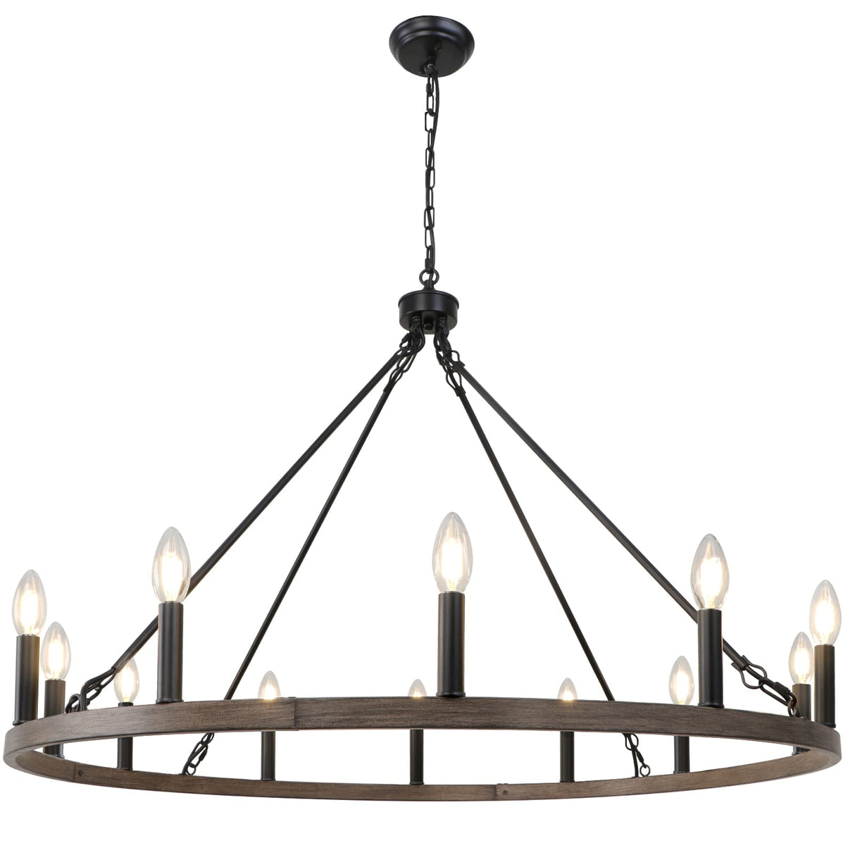 WBinDX 12-Light Wagon Wheel Chandelier Farmhouse Faux Wood Metal Black Chandelier, 38.2 Inch Large Rustic Candle Round Chandeliers for Dining Room Living Room Entryway Foyer Lighting WBinDX