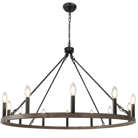 WBinDX 12-Light Wagon Wheel Chandelier Farmhouse Faux Wood Metal Black Chandelier, 38.2 Inch Large Rustic Candle Round Chandeliers for Dining Room Living Room Entryway Foyer Lighting WBinDX