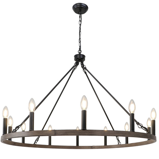 WBinDX 12-Light Wagon Wheel Chandelier Farmhouse Faux Wood Metal Black Chandelier, 38.2 Inch Large Rustic Candle Round Chandeliers for Dining Room Living Room Entryway Foyer Lighting