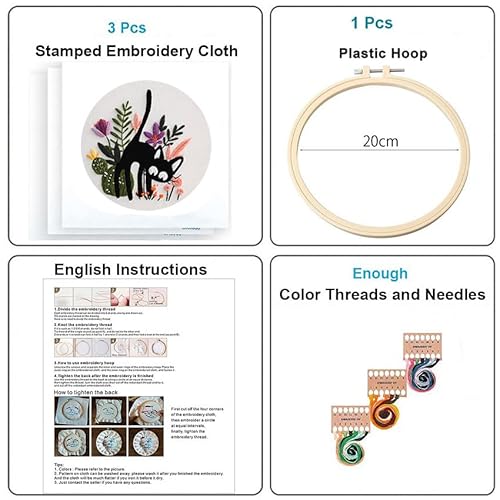 Konrisa 3pcs Embroidery Kits for Beginners Creative Black Cat and Flower Pattern Cross Stitch Practice Kit DIY Sewing Needlepoint, Include 1pcs Hoop