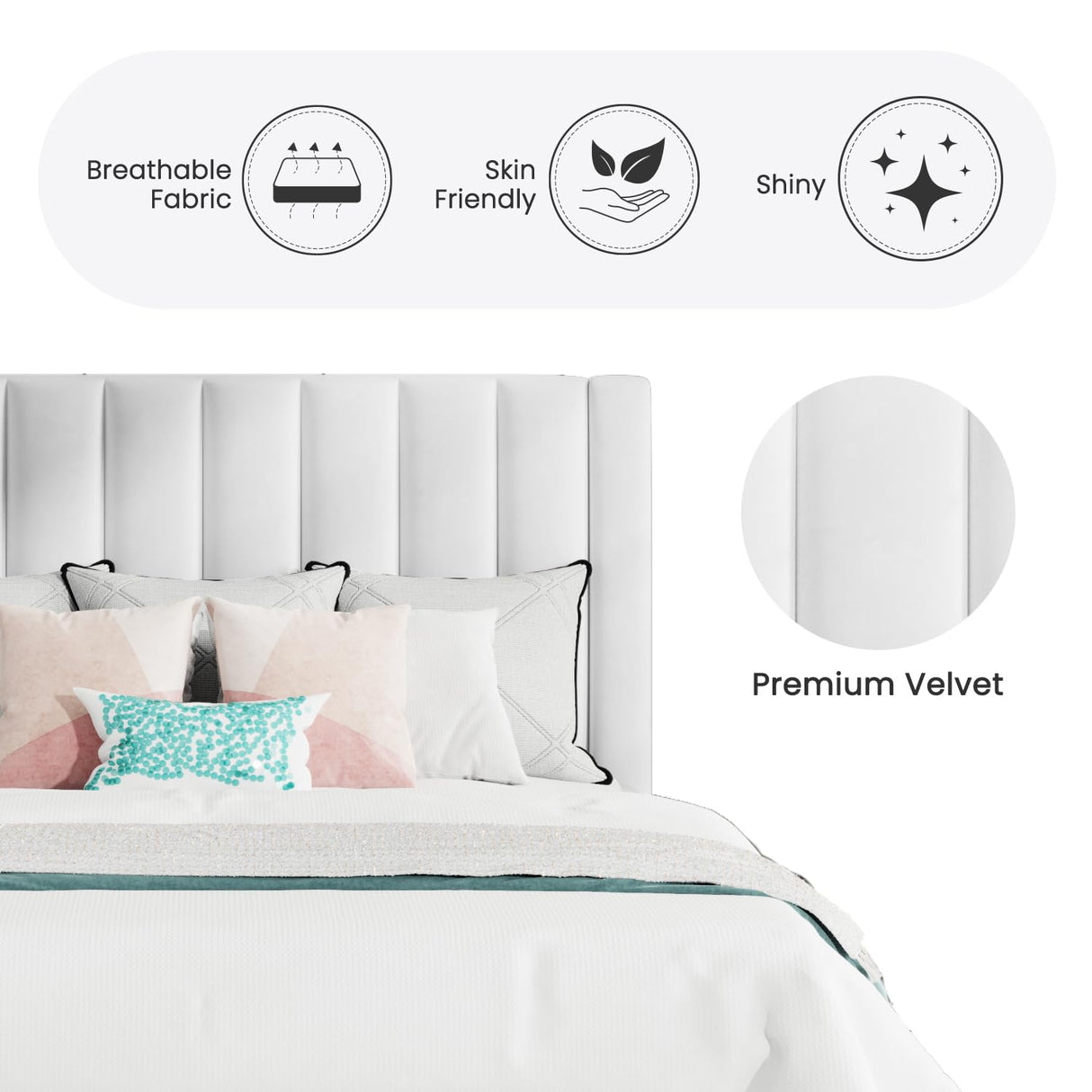 SHA CERLIN Full Bed Frame/Velvet Upholstered Platform Bed Frame with Headboard/Strong Wood Slats Support/Mattress Foundation/No Box Spring Needed/Easy Assembly/White SHA CERLIN