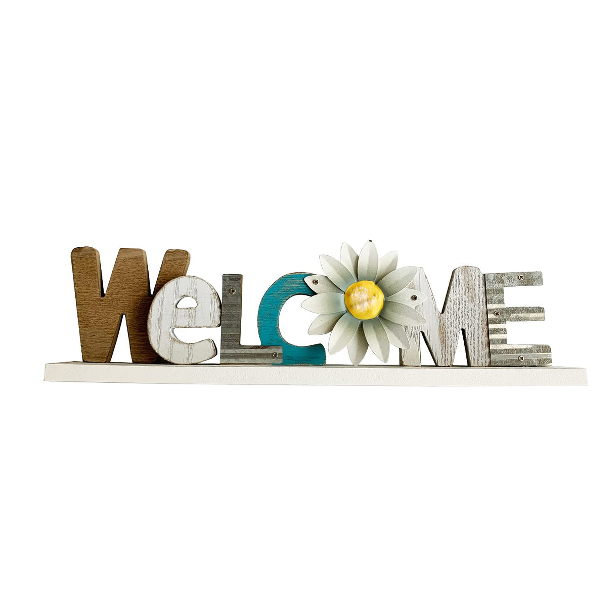 Rustic Wood Daisy Welcome Table Stand Sign Wood Kitchen Table Cabinet Decor, Rustic Wooden Block Letters Welcome Sign Primitive Farmhouse Decoration Grace Home