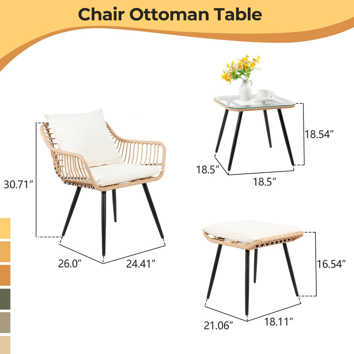 PORWEY 5 Piece Patio Bistro Set with Ottoman, Outdoor Wicker Apartment Balcony Furniture Sets, Rattan Table and Chairs Set of 2 for Porch Backyard Lawn Poolside Deck (Yellow/Beige) PORWEY