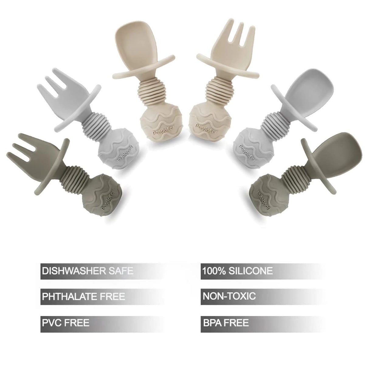 PandaEar 6 Pack Silicone Baby Spoons and Fork Feeding Set- Anti-Choke First Self Feeding Utensils for Baby Led Weaning Ages 3 Months (Tan,Walnut&Grey) PandaEar