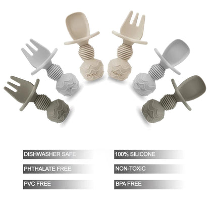 PandaEar 6 Pack Silicone Baby Spoons and Fork Feeding Set- Anti-Choke First Self Feeding Utensils for Baby Led Weaning Ages 3 Months (Tan,Walnut&Grey)