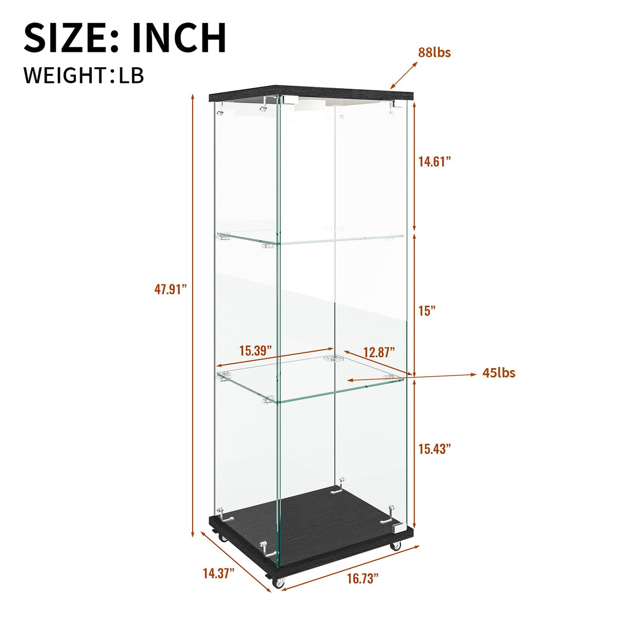 LKTART Glass Display Cabinet 3 Shelf with Single Door, Curio Display Cabinet with 12 Adjustable Color Led Light, 4 Caster Wheels with Brakes, 360 Rotation of Display Cabinets for Collectibles, Black LKTART