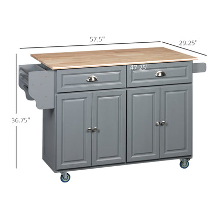 HOMCOM Rolling Kitchen Island Drop Leaf, Kitchen Cart on Wheels, Solid Wood Top Breakfast Nook with Storage Drawers, 4-Door Cabinets and Spice Rack, Dark Gray