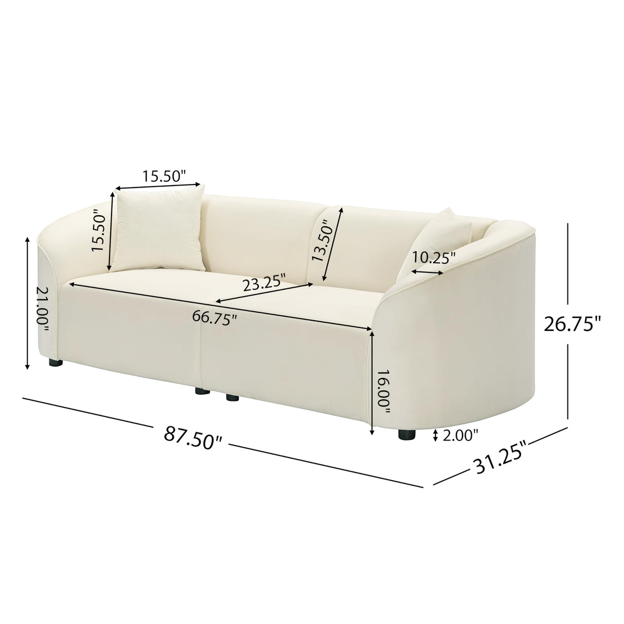 87" Curved Contemporary Sofa, Plush Seating, Streamlined Design, Ideal for Stylish Living Spaces, Modern Sofa for Living Room, Bedroom, Office (Beige+Velvet) DEKIMOW