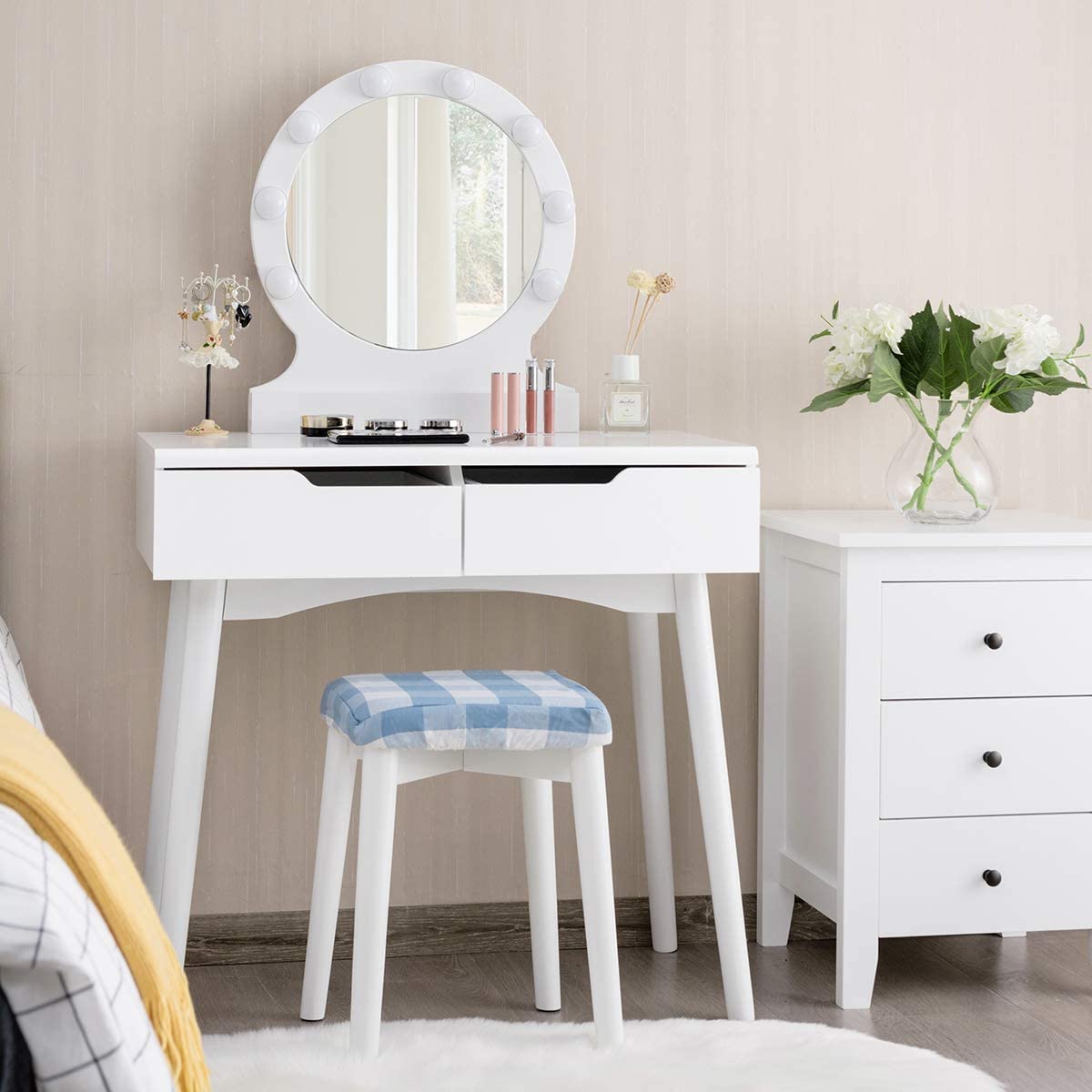 Giantex Vanity Set with Round Lighted Mirror, Makeup Dressing Table with 8 Light Bulbs and Brightness Adjustable, Bedroom Makeup Table with Cushioned Stool and 2 Sliding Drawers (White) Giantex