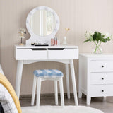 Giantex Vanity Set with Round Lighted Mirror, Makeup Dressing Table with 8 Light Bulbs and Brightness Adjustable, Bedroom Makeup Table with Cushioned Stool and 2 Sliding Drawers (White) Giantex