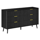 LYNSOM 6 Drawers Fluted Dresser for Bedroom, 55" Wide Modern Chest of Drawers with Metal Handle and Curved Profile Design, Dresser TV Stand, Wood Drawer Organizer for Living Room, Hallway, Black LYNSOM