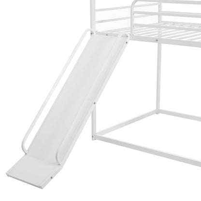 NKISHECK Metal Twin Over Twin Bunk Bed with Slide, Low House Bunk Bed for Girls Boys, White