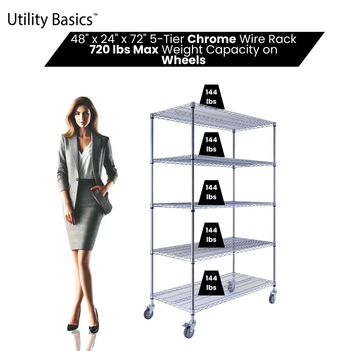 Utility Basics 48"x24"x72" Chrome 5-Tier PREMIUM Wire Shelving NSF 4000 LBS MAX CAPACITY Heavy Duty Steel Storage Rack for Warehouses, Garages, Hospitals, Commercial Spaces, & Schools w/PREMIUM WHEELS Utility Basics