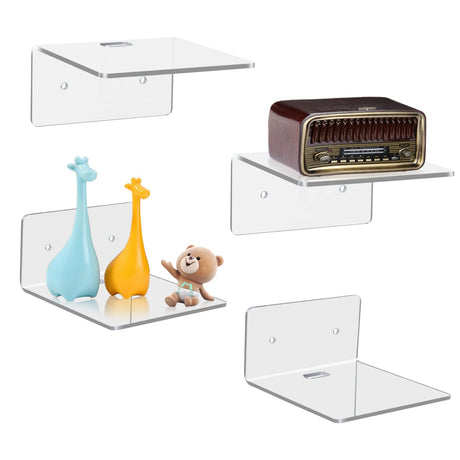 Bolidery 4 Pack Small Wall Shelf, 4'' Acrylic Wall Shelves Display Ledges for Storage & Decoration, Small Floating Shelf for Wall with 2 Types of Installation (Adhesive or Screw) Bolidery